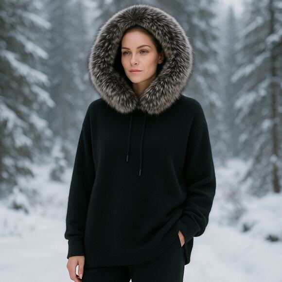 NAADAM Sweaters - RARE Naadam Black Cashmere Faux Fur Hooded‎ Sweater Size XL